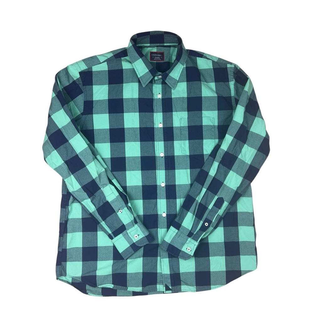 Untuckit Shirt Mens XL Green Blue Plaid Button Down Stretch Long‎ Sleeve Cotton - Picture 2 of 10